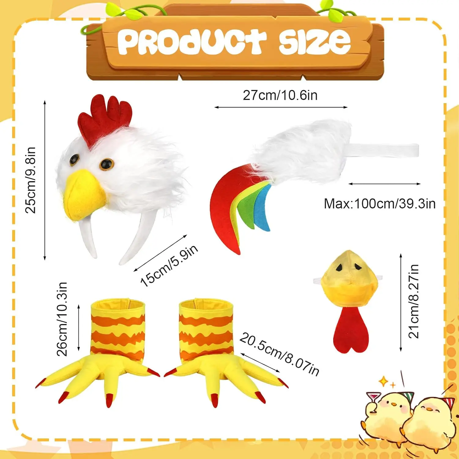 5pcs Chicken Rooster Costume Women Men, Rooster Costume Include Headband Tail Feet and Nose for Animal Halloween Easter Party