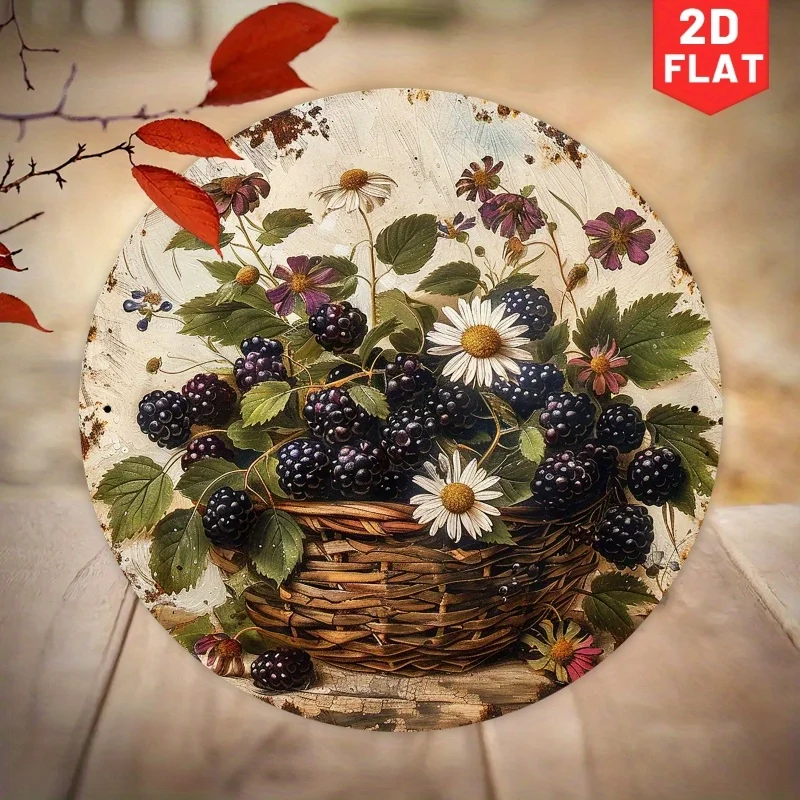 2D Flat, 1pc Rustic Blackberry & Daisy Iron Wall Art - 7.87