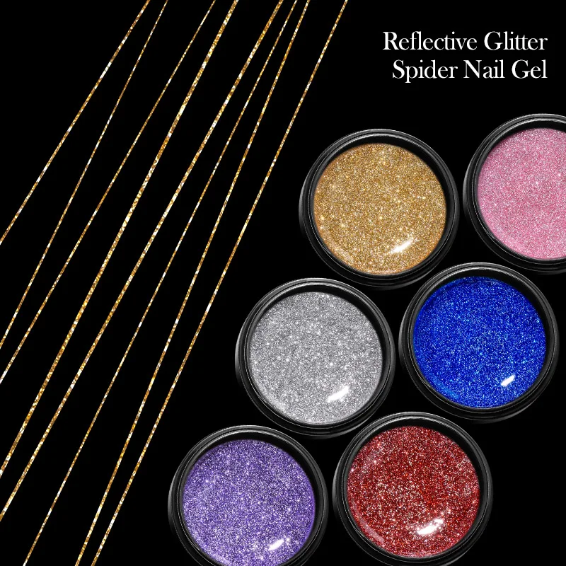 6Pcs/Set Reflective Glitter Spider Gel Nail Polish Set Gold Silver Drawing Painting Liner Gel Soak Off Nail Gel For Nail Art DIY