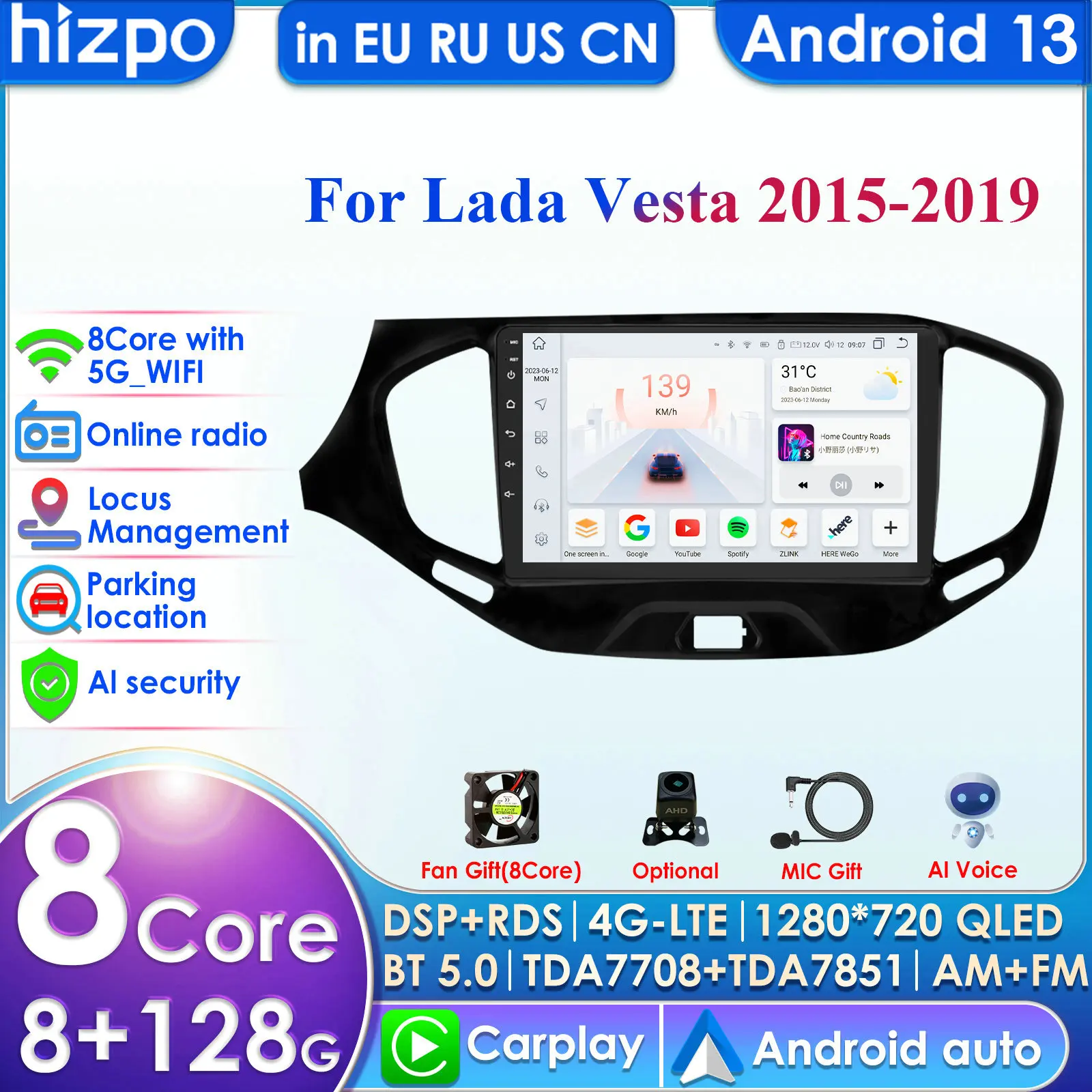 Hizpo Carplay 4G For LADA Vesta Cross Sport 2015 -2022 Car Radio Multimedia Video Player Navigation Stereo Android No 2din 2 din