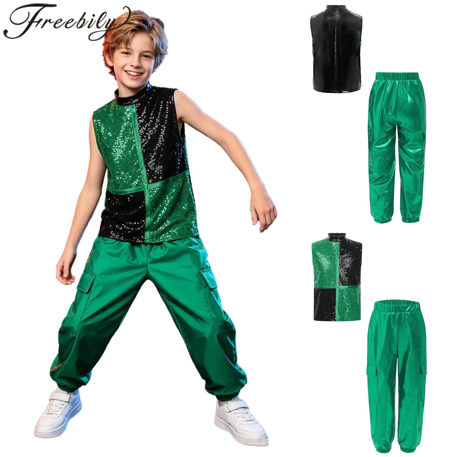 

Children Shiny Jazz Dance Costume Boys Kids Metallic Street Clothes Fashion Streetwear Top Cargo Pants Sequins Hip Hop Clothing