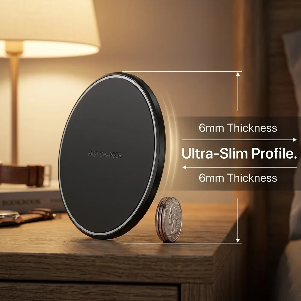 15W Fast Wireless Charger Pad, 6cm Ultra‑Slim Mini Portable Type‑C Input Compact Travel Desktop Charger for iPhone Samsung AirPo view 2