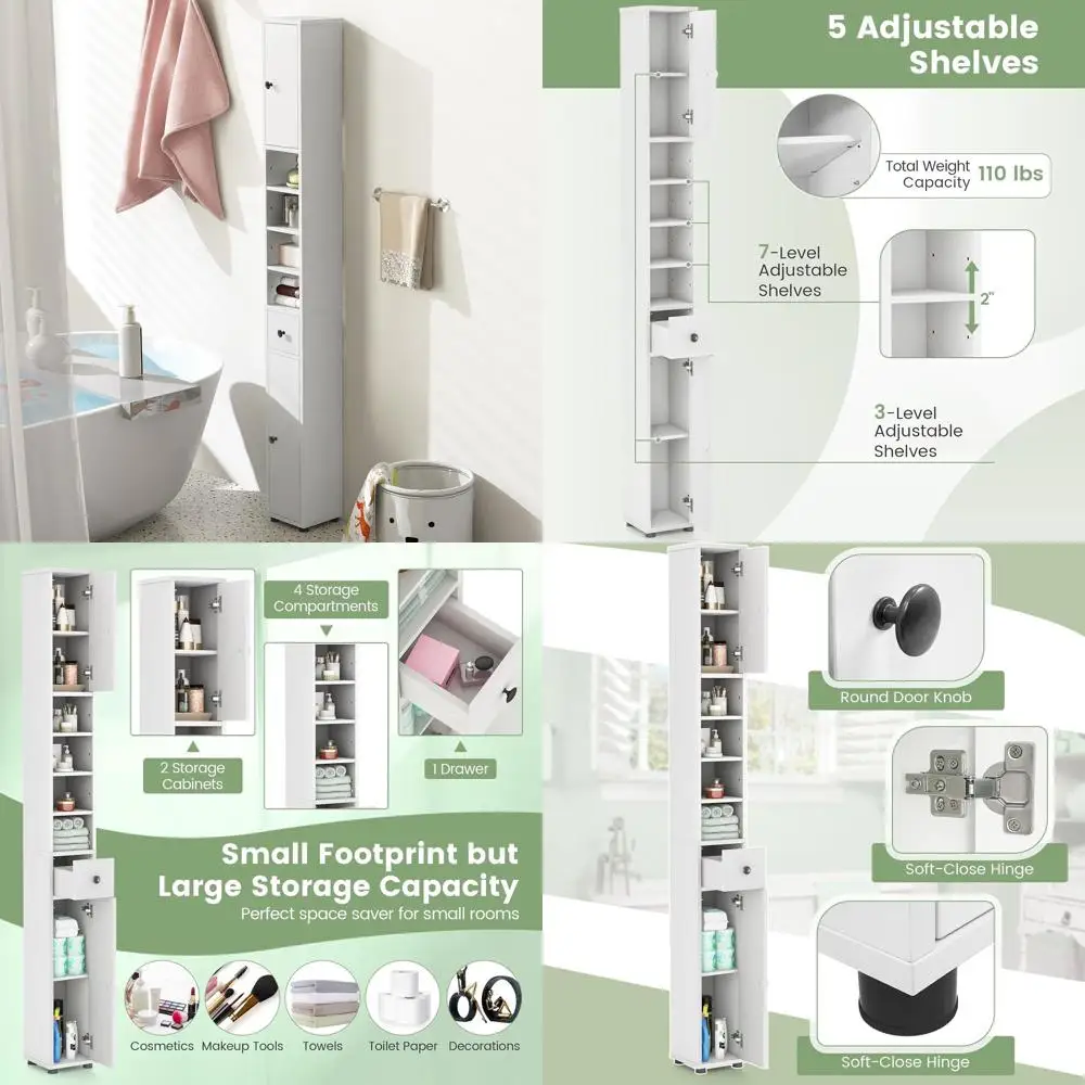 

71 Tall Slim Linen Tower with 2 Doors, 5 Shelves & 1 Drawer - Freestanding Storage Cabinet for Small Bathrooms (White)