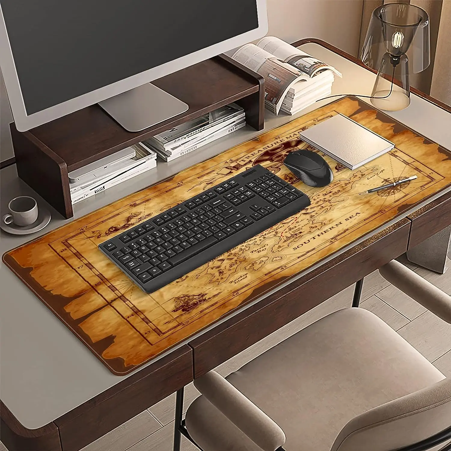 Nautical World Map Pirate Mouse Pad Non-Slip Rubber Mouse Pad with Stitched Edges Waterproof Mouse Mat for Office 35.4" x 15.7"