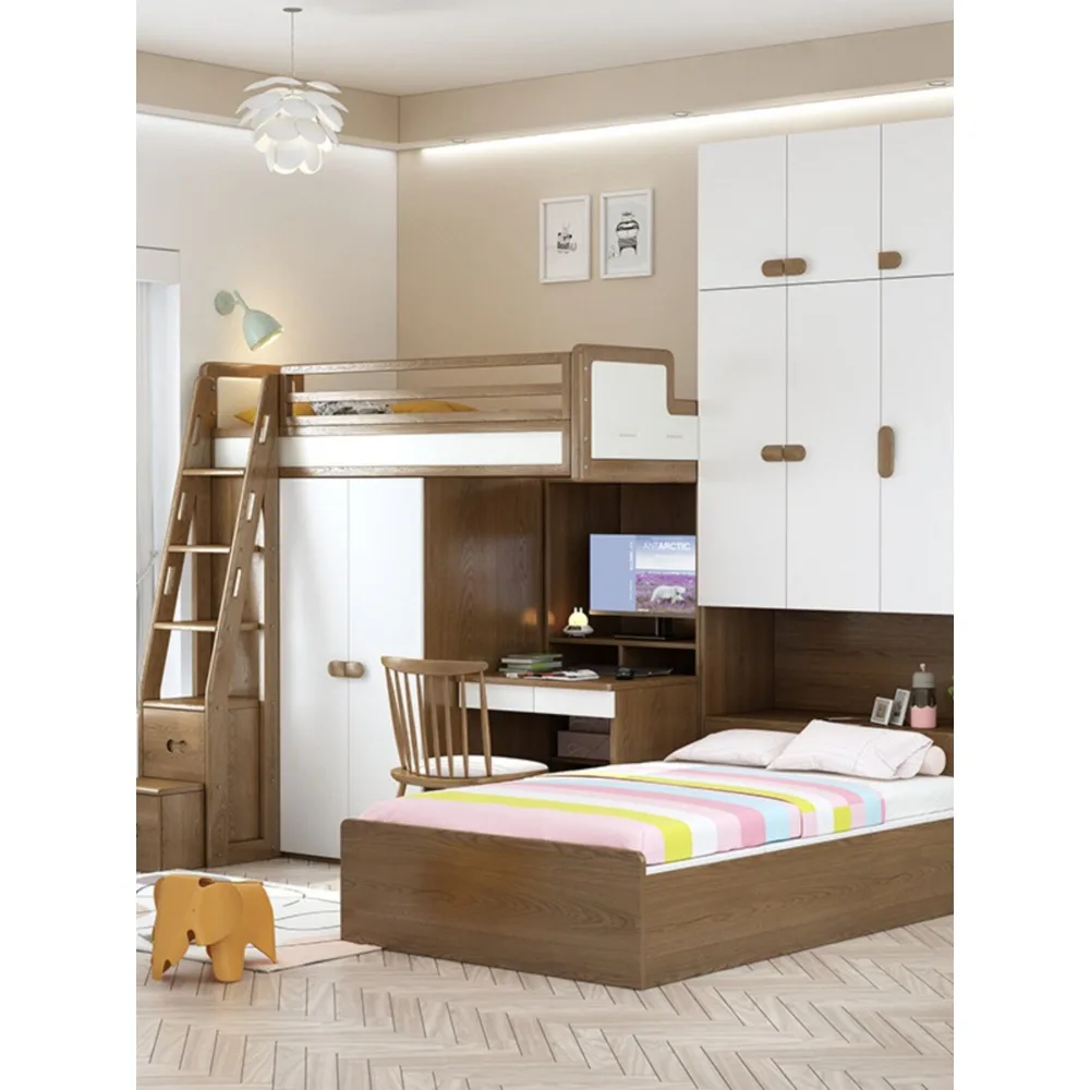Solid Wood Staggered Twin Bunk Bed, Ash Wood Kids Bed with Desk & Wardrobe Space Saving Children's Bedroom Furniture Set view 2