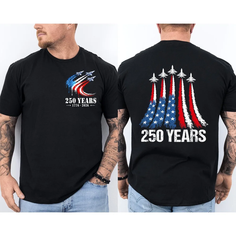 1776-2026 Jet Fighter American Flag Men Double Sided  Graphic T Shirts Patriotic Short Sleeve Cotton Tee Tops Men's Clothing