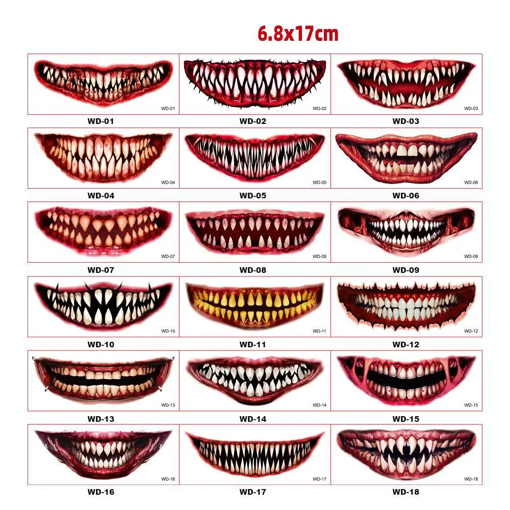 2024 New Halloween Temporary Tattoo Stickers Horror Lips DIY Stickers Big Mouth Tattoos Waterproof Funny Makeup Smile Lip Beauty