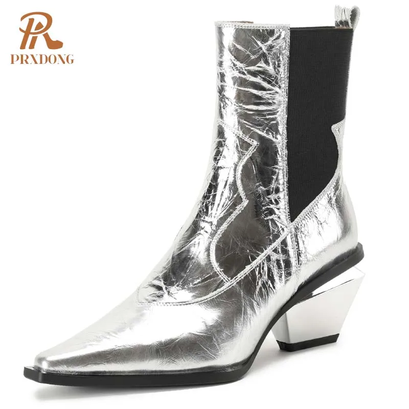 PRXDONG INS Genuine Leather Autumn Winter Warm Shoes Chunky High Heels Pointed Toe Black Silver Dress Party Lady Ankle Boots 39