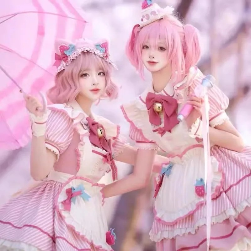 NONSAR น่ารักทุกวัน Lolita ชุดเจ้าหญิงชุดผู้หญิงหวานสีชมพู Berry Bell Bow สั้นพัฟแขน Bubble Bud ชุดมินิผ้ากันเปื้อน