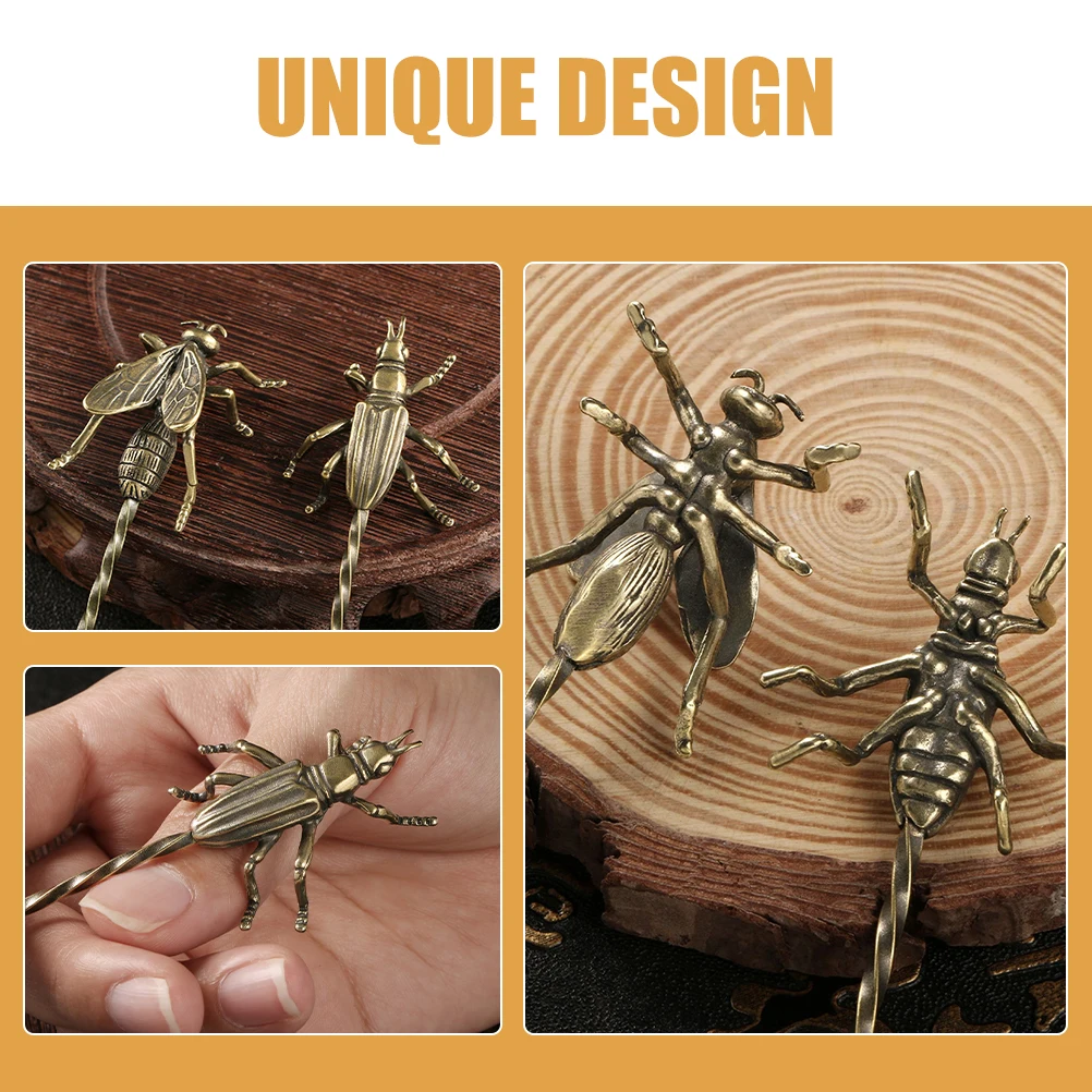

2pcs Tea Ceremony Unclogging Needle Cleaning Tools Golden Brass Bee Vintage Hairpin Tea Accessories