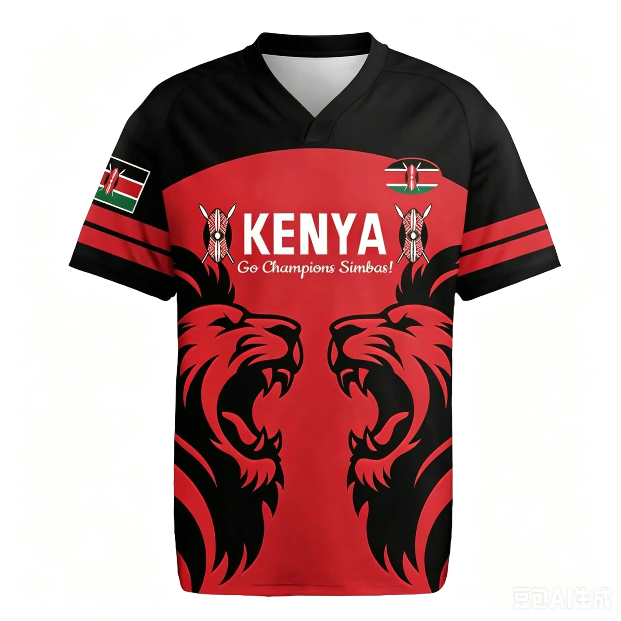 Men V Neck Rugby Jersey 3D Full Print T Shirt Black Green Double Lion Flag Pattern Short Sleeve Sports Training Casual Tops Male