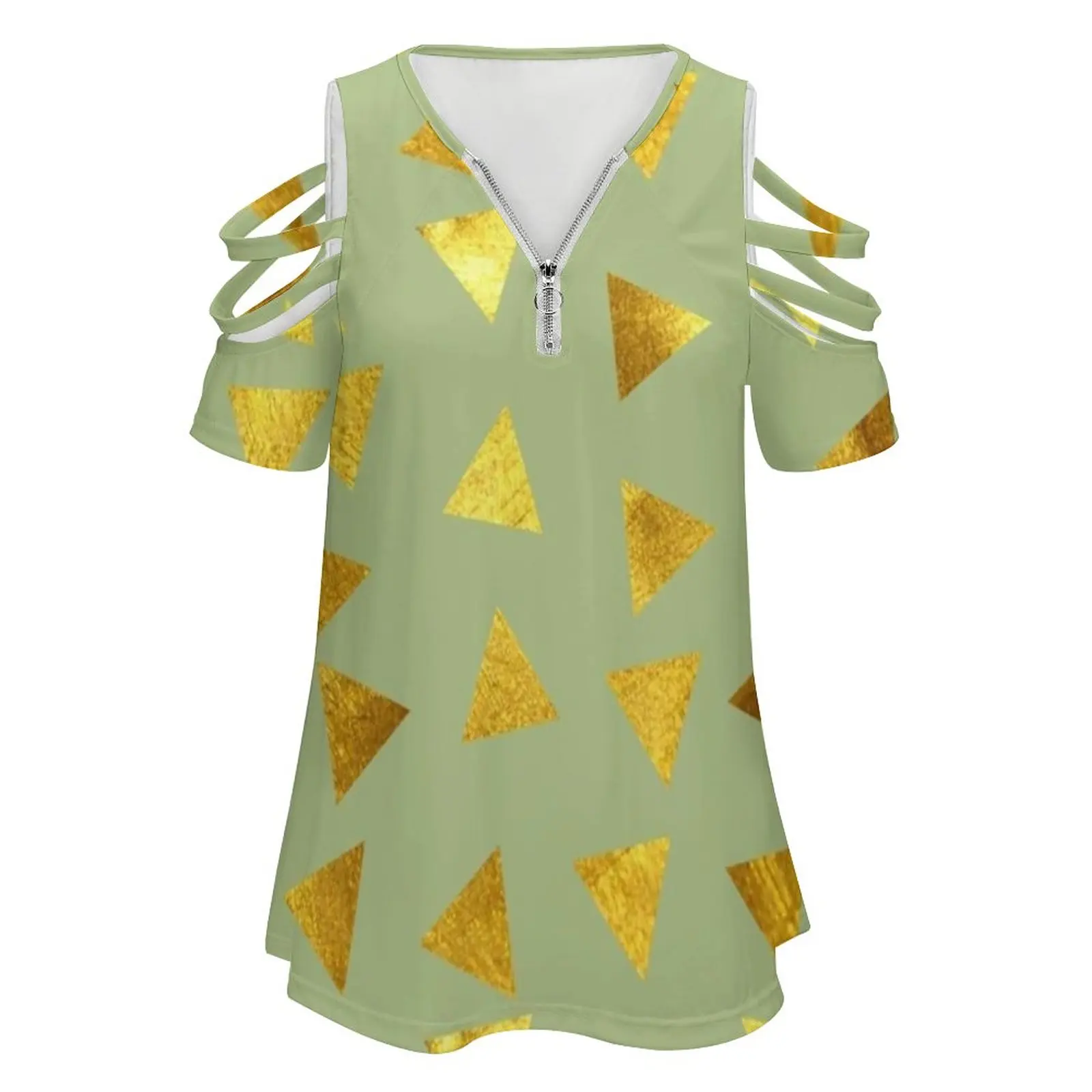 Gold Triangle Green Women'S T-Shirt Summer Fashion Print Floral V-Neck Zipper Tshirt Hollow Pullover Ladies Top Gold Glitter