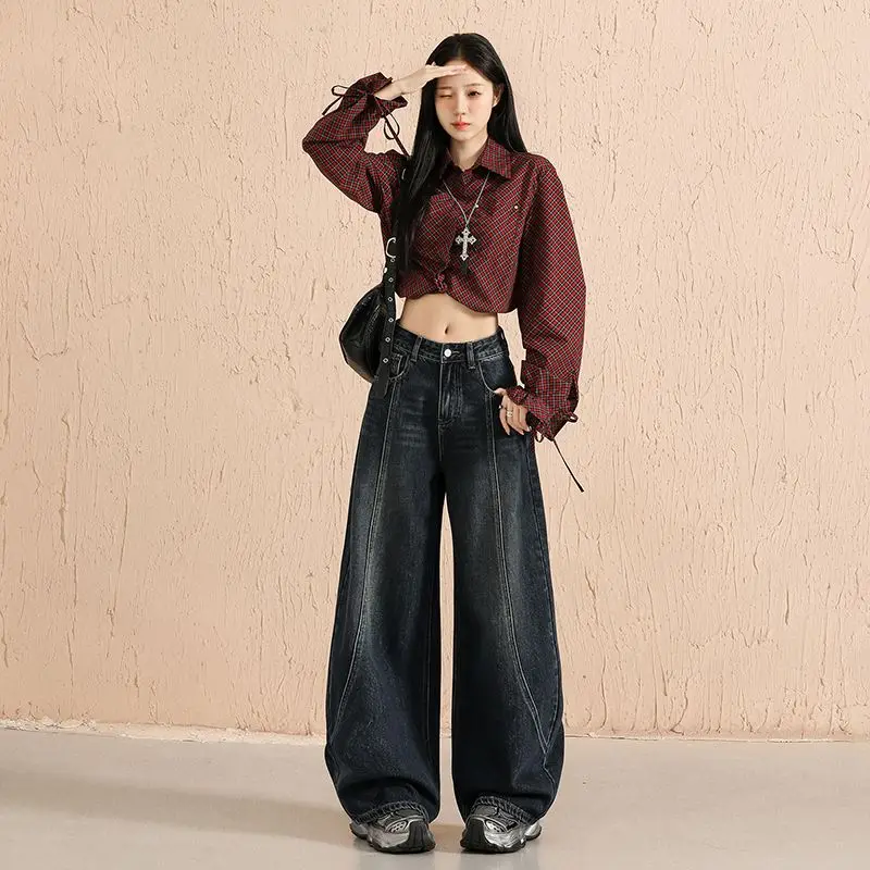 Y2k 2000s Clothes Retro Curved Wide-leg Jeans for Women New High-waisted Straight-leg Pants for Lifting The Buttocks Jeans