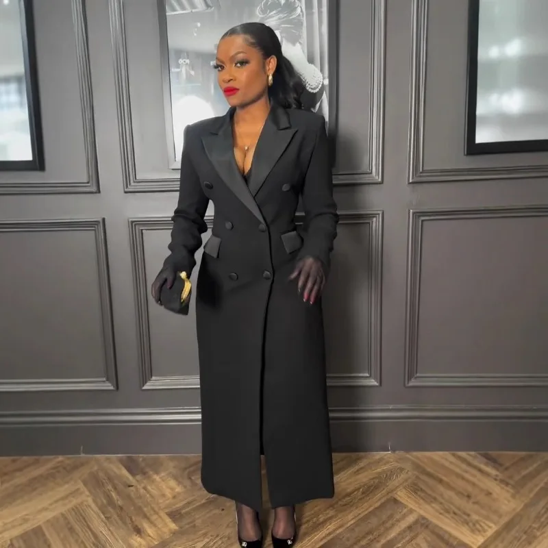 

KEXU Fashion OL Work Double Breasted Notched Long Sleeve Maxi Dress Women Sexy Night Elegant Party Street Long Dresses