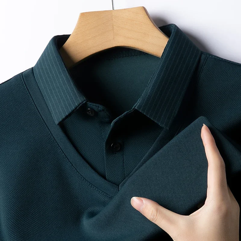 2025 New Men's Casual and Fashionable Long Sleeved Solid Color Fake Two-piece Polo Shirt Business All Season Versatile Top image 3