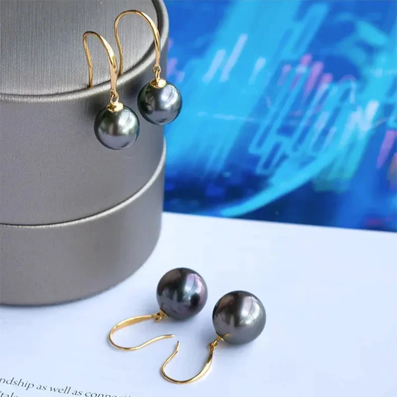 

Серьги из натурального золота 18 карат с жемчугом для девочек, черные круглые серьги-капли с таитянским жемчугом, женские и мамы, помолвочные, антиаллергенные