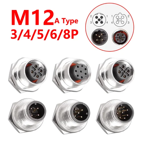Conectores de Sensor impermeables de montaje de brida M12, acoplamiento roscado de tornillo, 4, 5, 6, 8, 12 Pines, tipo A, macho y hembra
