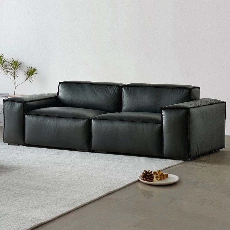 Leather sofa living room double Italian down 2025 new small apartment square first layer cowhide tofu sofa