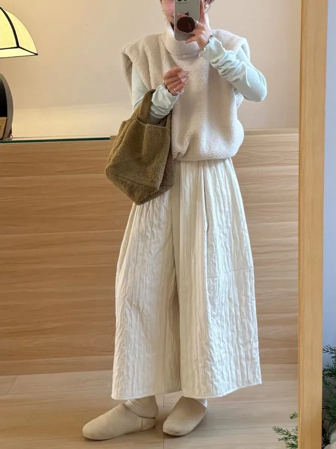 Pantaloni coreani semplici a gamba larga color kaki Pantaloni casual Harlan in vita elastica autunno inverno da donna di piccole dimensioni in cotone caldo e...