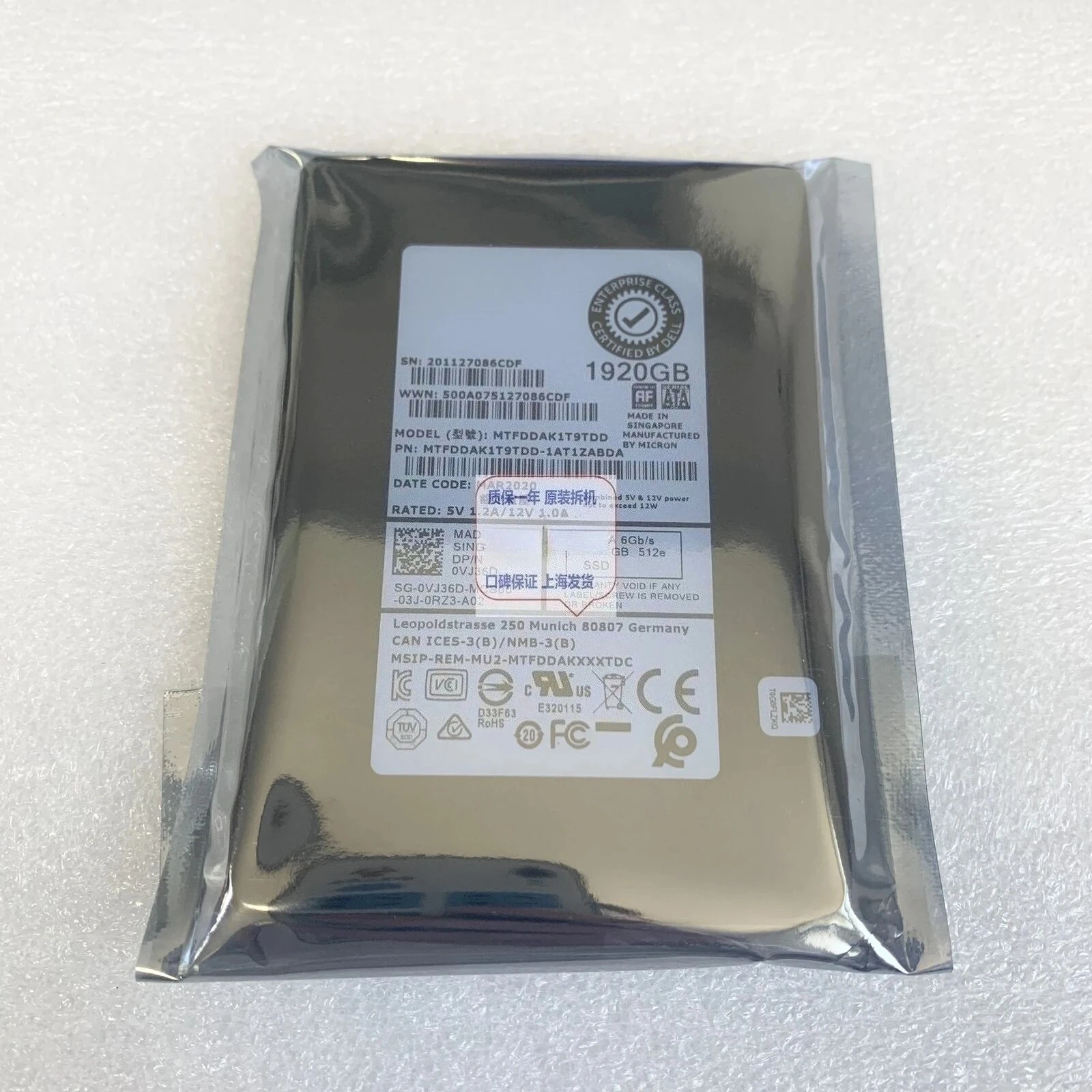 1.92T SATA SSD VJ36D R740 R750 1.92TB Solid State MTFDDAK1T9TDS Used