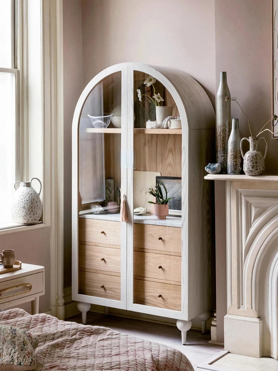 Armoire de rangement en verre à double porte arquée, bibliothèque rétro, buffet