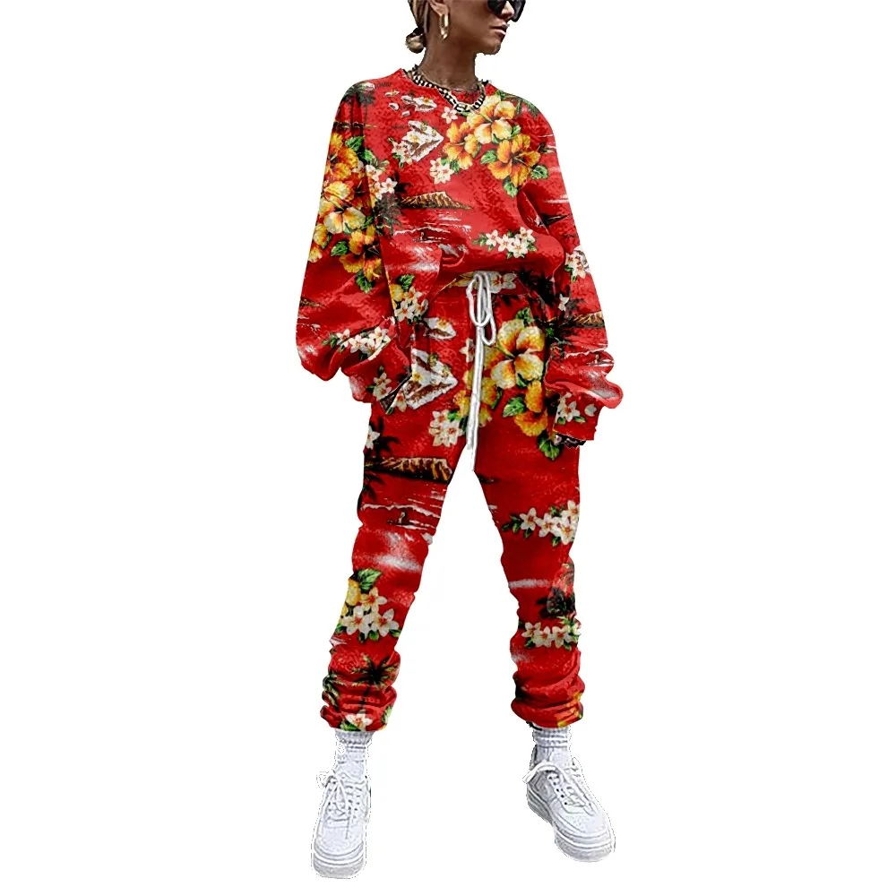 

New Women Tracksuit Flower Print Sweatshirt+Straight Sweatpants Matching Set Fitness Sporty Streetwear 2 Piece Outfit