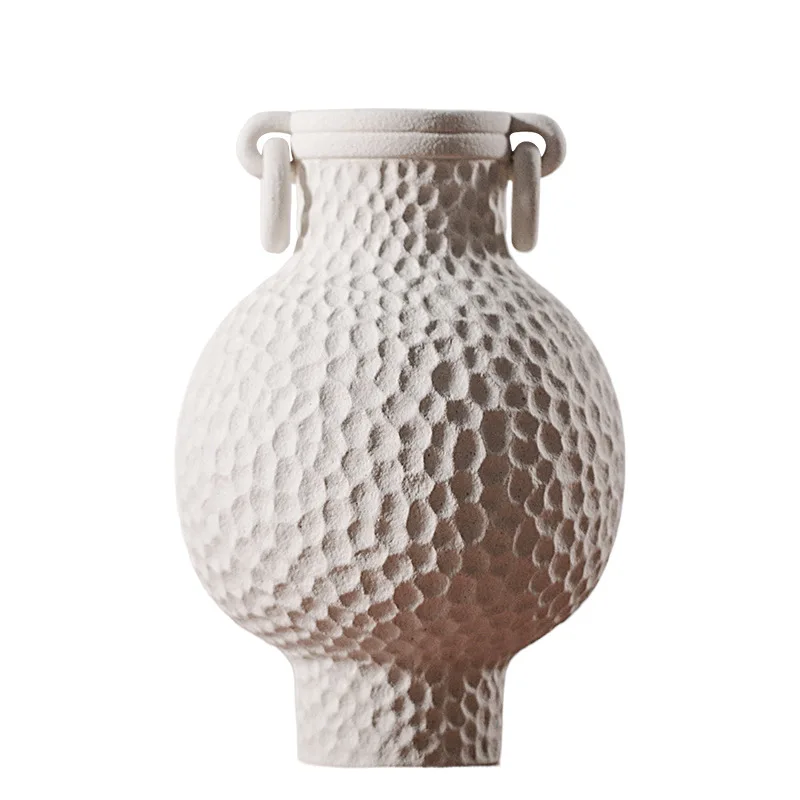 Ceramic White Vase Ring Handle Handmade Porcelain Bottles Chinese Vintage Flower Vase Home Decoration Accessories