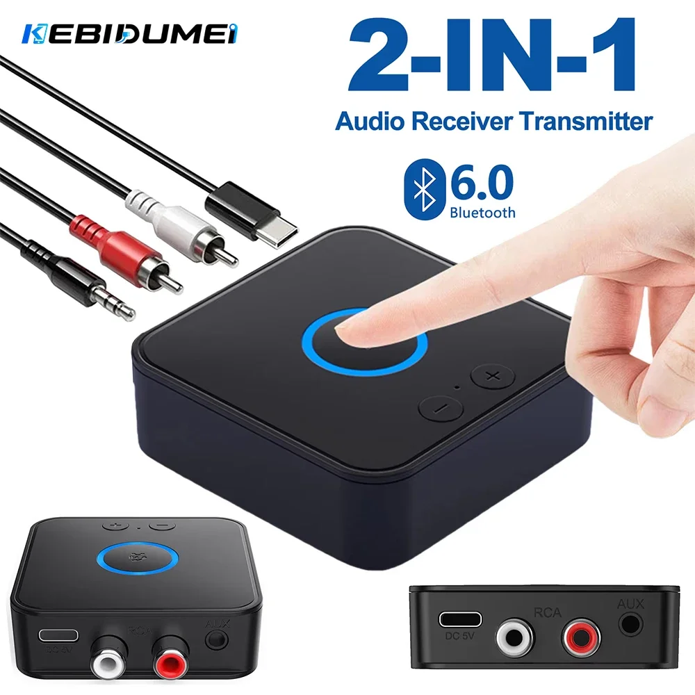 Kebidumei Bluetooth6.0 Audio Adapter Wireless Receiver Transmitter Stereo Music 3.5mm AUX RCA Support Dual Device For PC Speaker