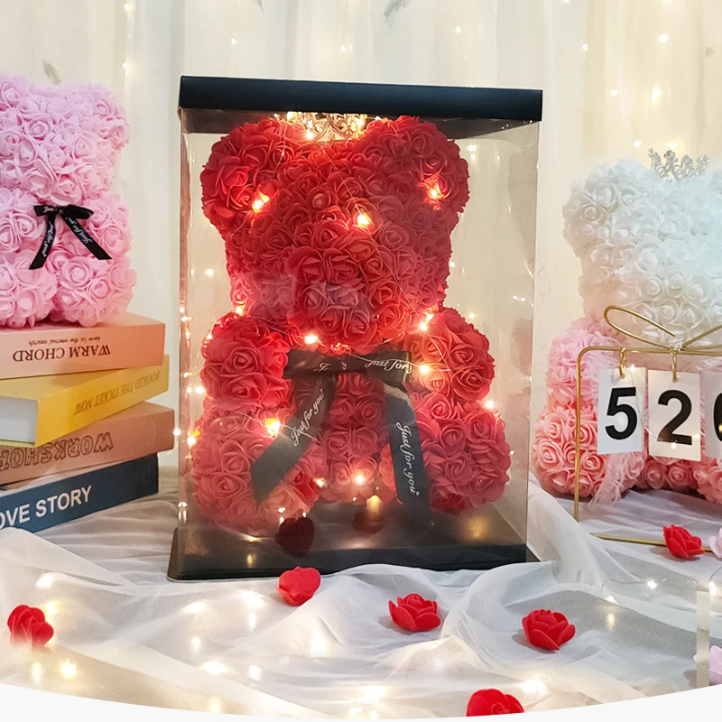 PE Teddy Rose Bear With Box Artificial Flower Bear Rose Valentine's Day For Girlfriend Women Wife Mother's Day Gifts