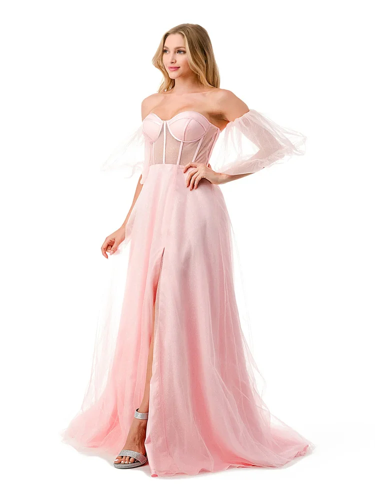 Evening Dresses Gorgeous High Split Dress Engagement Sexy Floor Length Off-The-Shoulder Short Sleeve Tulle with Crystals Slit