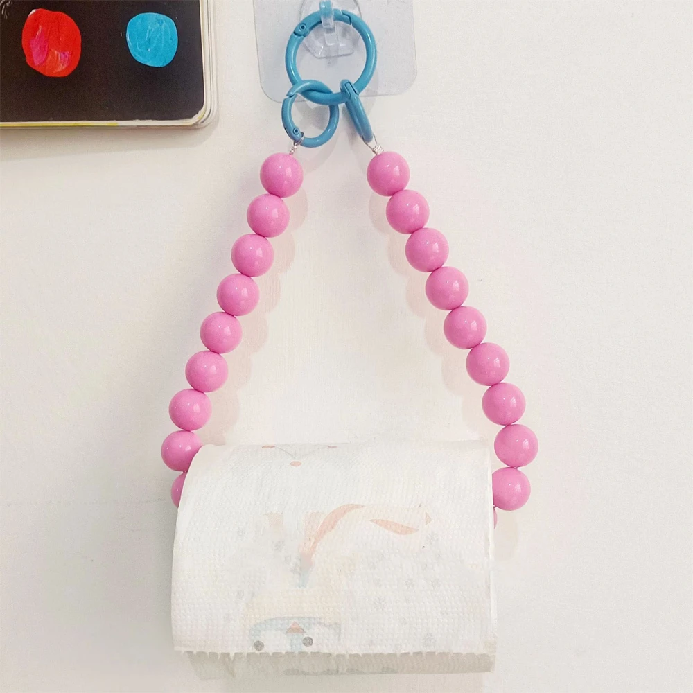 Pink Hanging Beaded Tissue Holder Mobile Phone Chain Multifunctional Storage Paper Hanger Rack Home Decoration Accessories