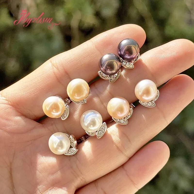 

Minimalist Elegant Pearl Crystal Leaf Stud Earring Jewelry,10mm Round Pink White Purple Natural Freshwater Pearl Earring 1 Pair