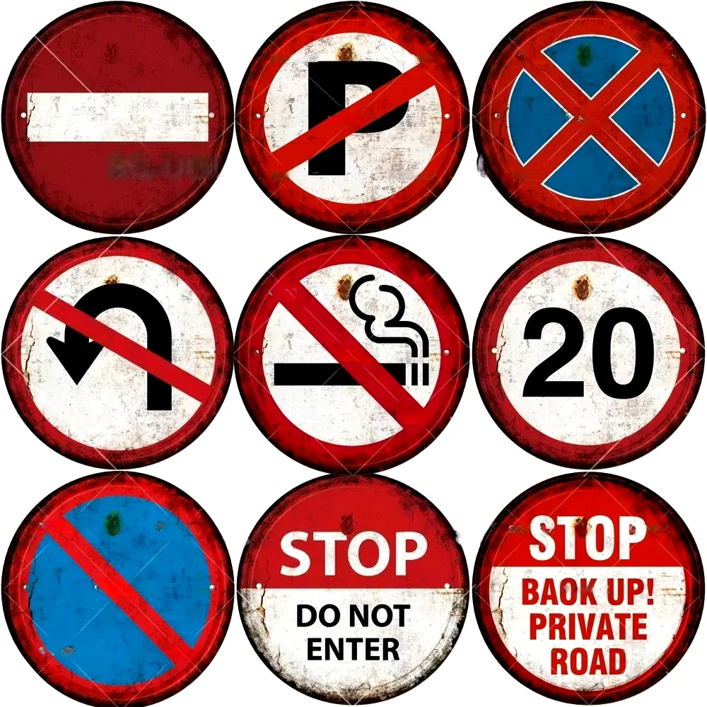 STOP Warning Round Garage Vintage Metal Sign Plate Plaque Tin Sign Wall Decor for Home Bar Pub Store Sign Man Cave Yad Outdoor