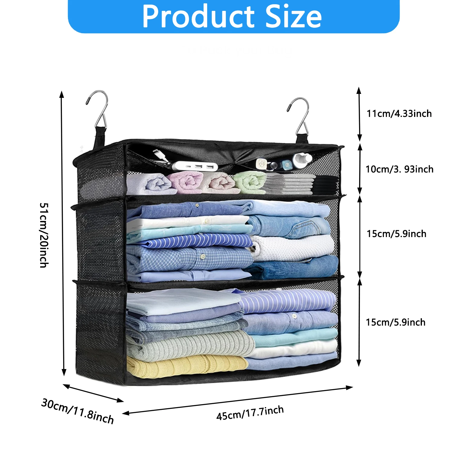 1 Piece Portable Hanging Travel Shelf, 20×17.7inch Luggage Packing Organiser, Large Travel Essentials (Black)