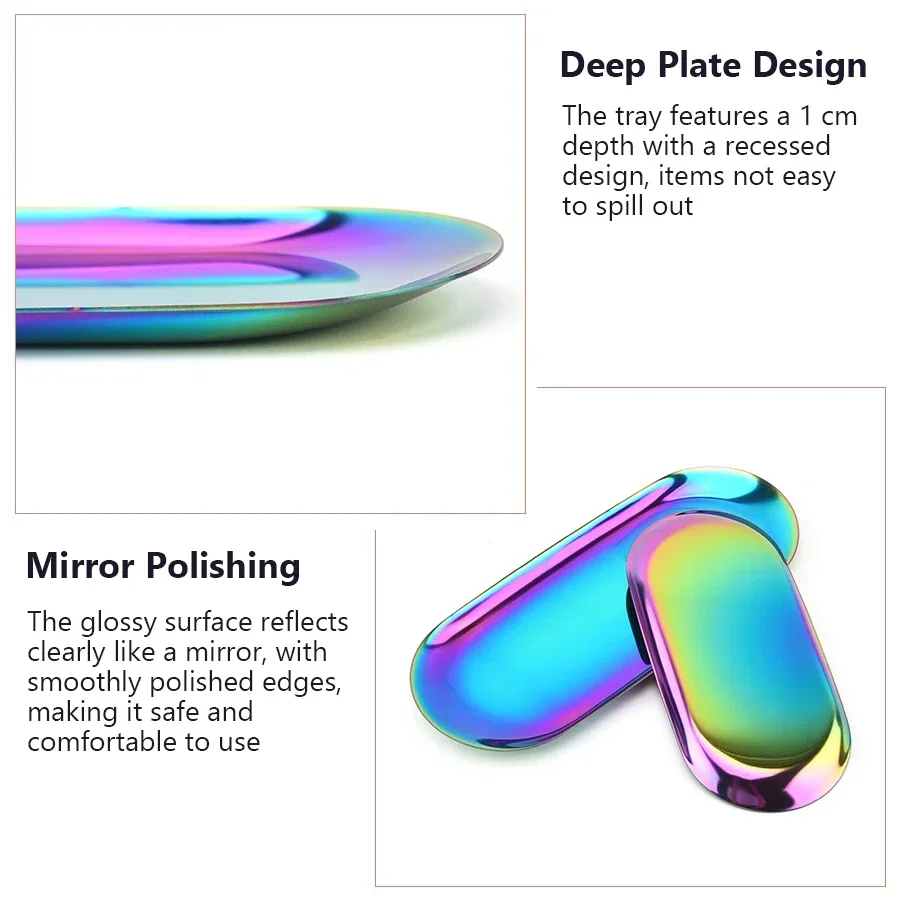 Bandeja oval de aço inoxidável, armazenamento de joias para manicure, organizador de cosméticos de metal para exibição de arte em unhas, bolo, frutas, sobremesa, servir