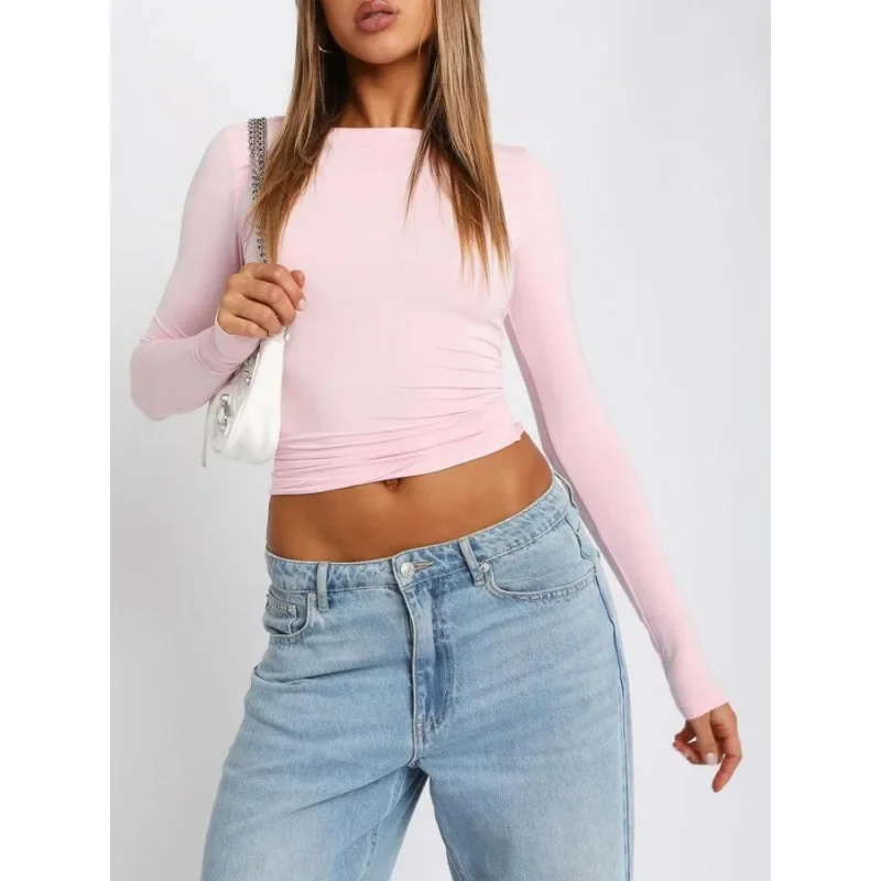 بالإضافة إلى حجم 1XL-5XL المرأة قميص طويل الأكمام الأساسية تي شيرت أعلى جولة الرقبة المألوف سليم صالح الأعلى