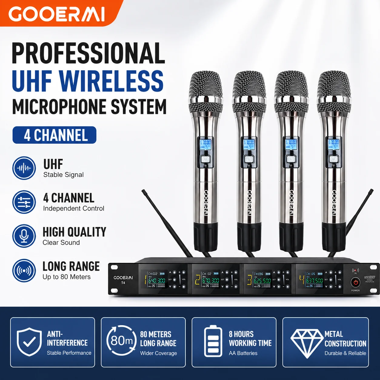 

Gooermi T4 Professional UHF Wireless Microphone System 4 Channel Handheld Lavalier Dynamic Mic for Stage Karaoke Conference