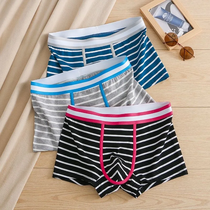 Men's Underwear Pure Cotton Breathable Flat-angle Personalized Boxers Youth Anti-wear Mid-waist Striped Sports Four-corner Pants