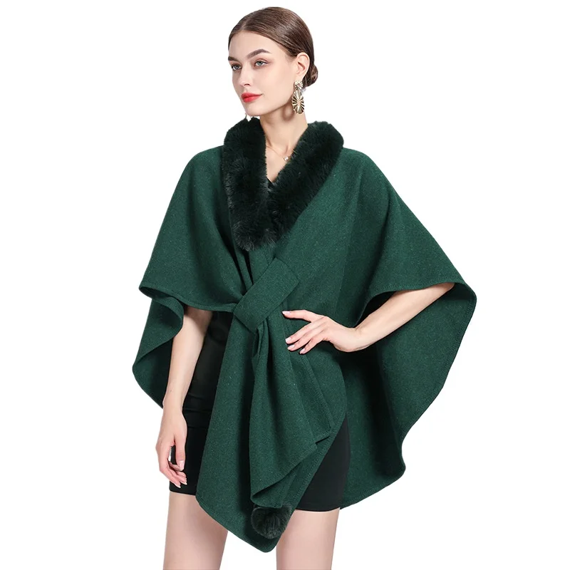 

Winter Warm Imitation Otter Rabbit Fur Collar Hooded Overcoat Cape Women Poncho Shawl Cardigan Loose Coat Streetwear