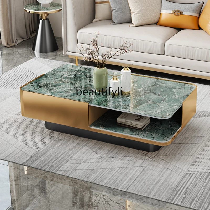 Stone Plate Coffee Table Living Room Home Luxury Stone Amazon Green Designer Minimalist Square Coffee Table Light Luxury Modern