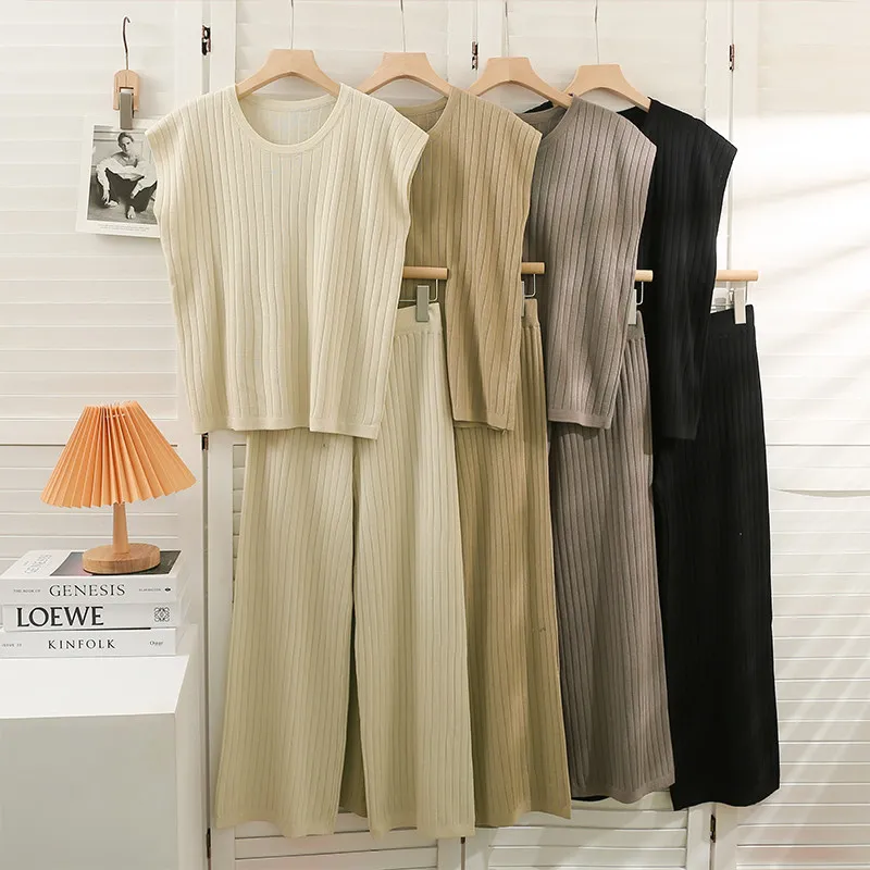 

Summer casual solid color two-piece set women sleeveless round neck slim fit knit vest+elastic high waist wide leg pants