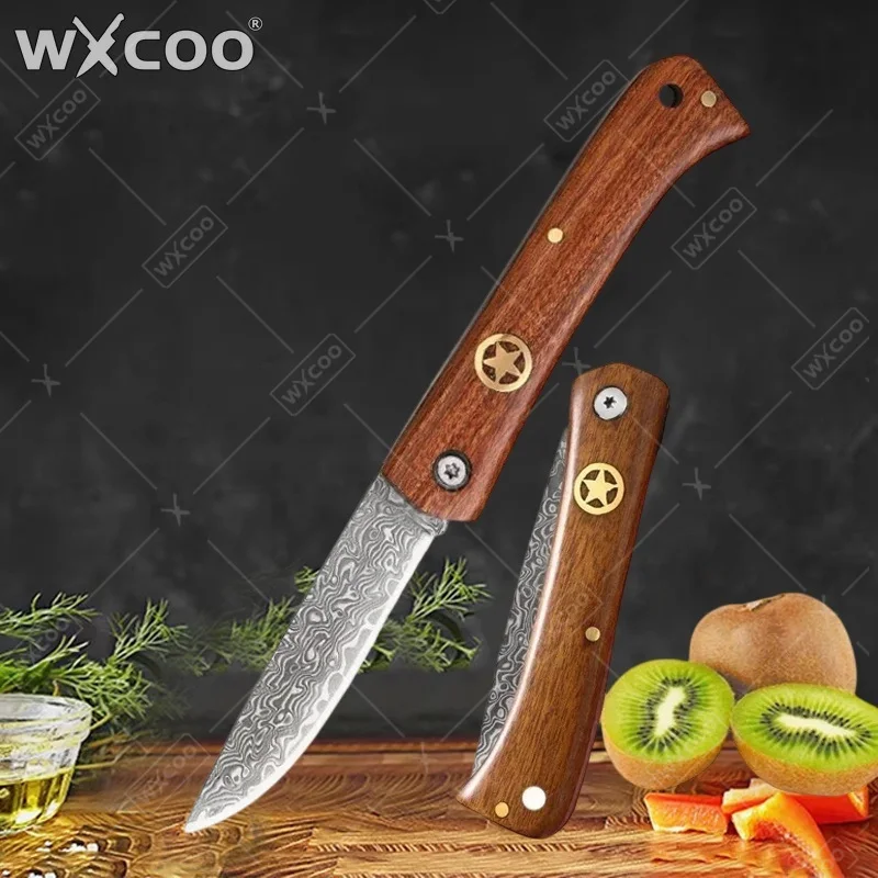 

WXCOO Damascus Pattern Kitchen Butcher Knife Wooden Handle Household Paring Knives Durable Folding Fruit Meat Cleaver Cooking