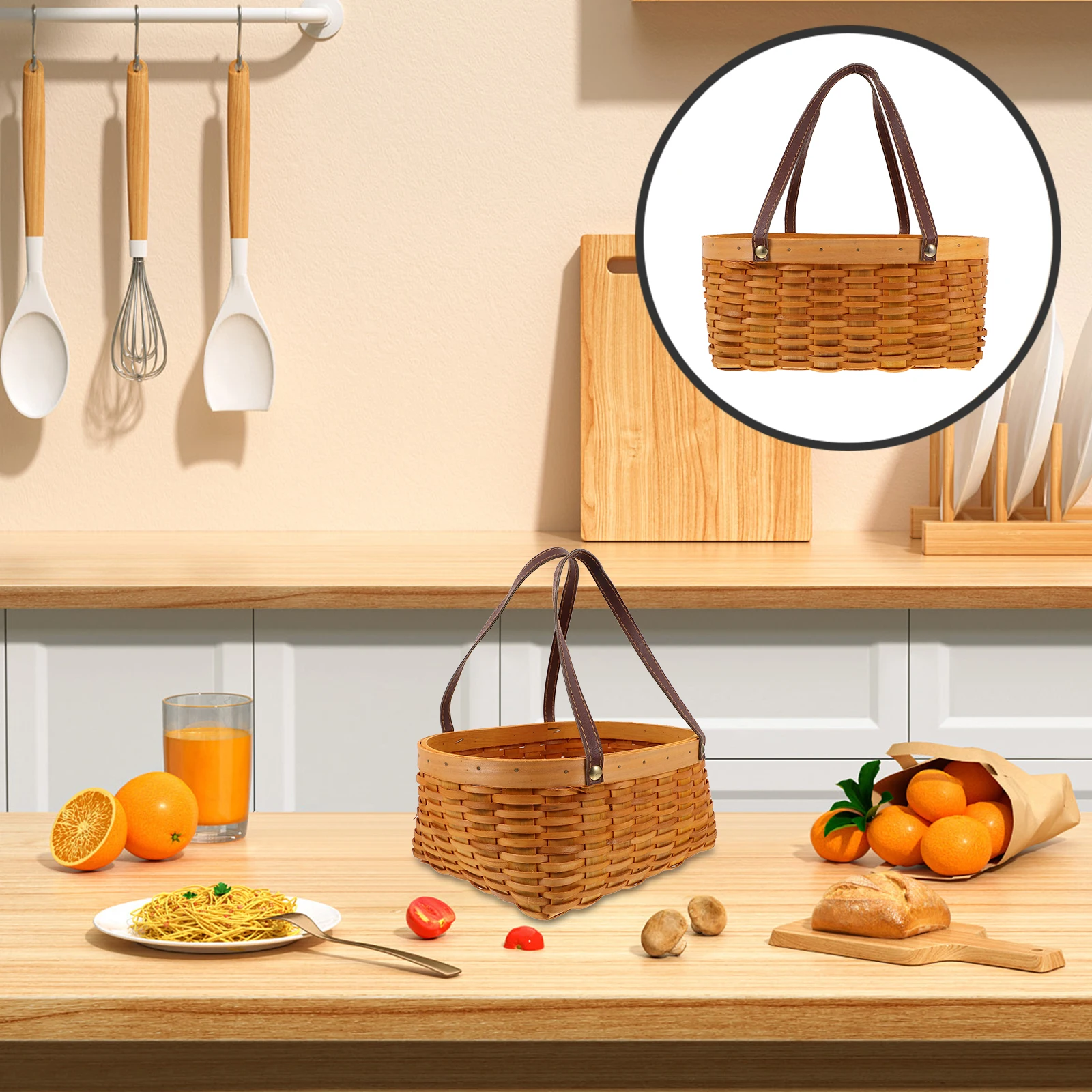 

Vintage Woven Storage Pu Wood Material Rustic Picnic Fruit Vegetable Basket Decorative Handmade Portable Food Carrier