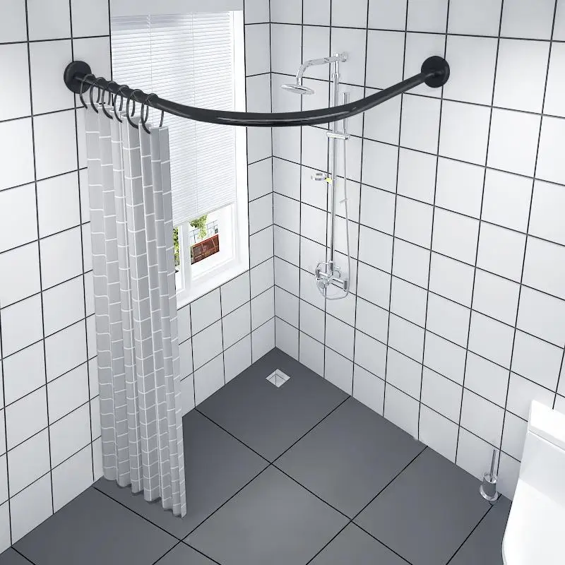 Stainless Steel Arc Shaped Shower Curtain Rod Double Fixed Extendable Adhesive Screw Dual Use Anti Slip Not Falling off