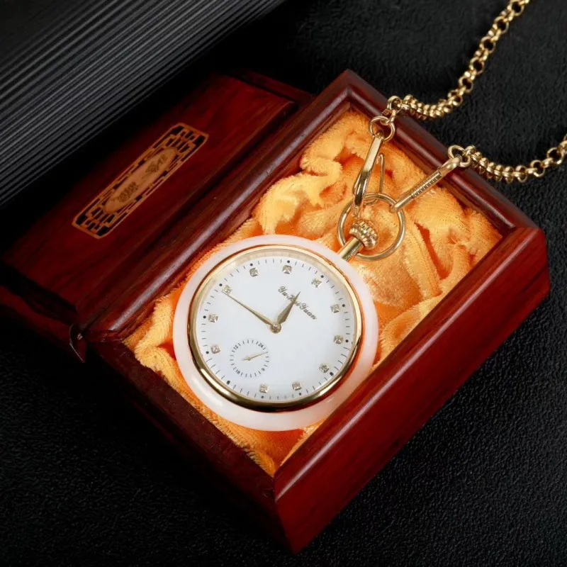 Universal Mechanical Pocket Watch Retro Permanent White Jade Mechanical Watch Portable Elegant Pocket Watch Mechanical Watch