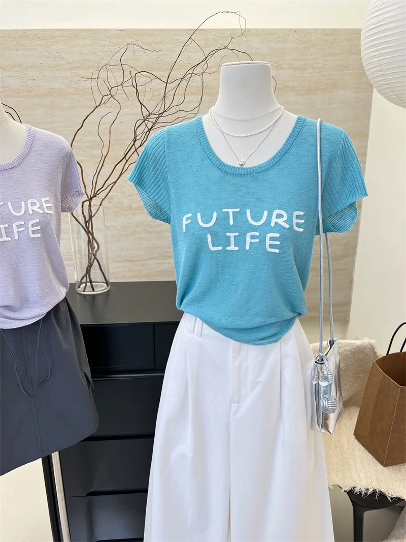 

Chic Summer Short Sleeve Knitted Top Women's Fashionable Letter Pattern Casual Style Korean Version Straight Cut Inner Wear