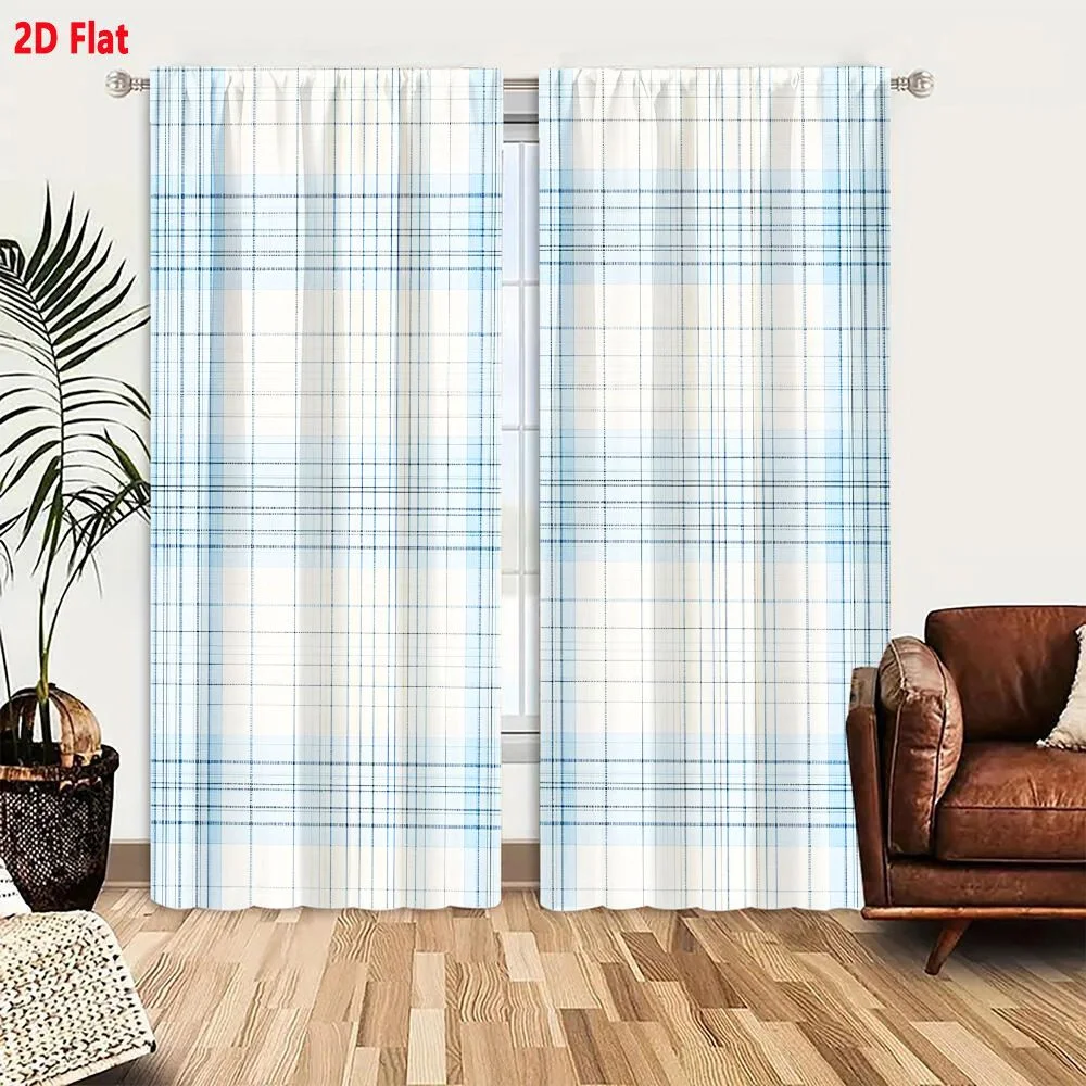 2Pcs Curtains Light Blue And White Plaid Fabric With Classic Tartan Check Pattern For Clothing Bedding And Upholstery Window Dra