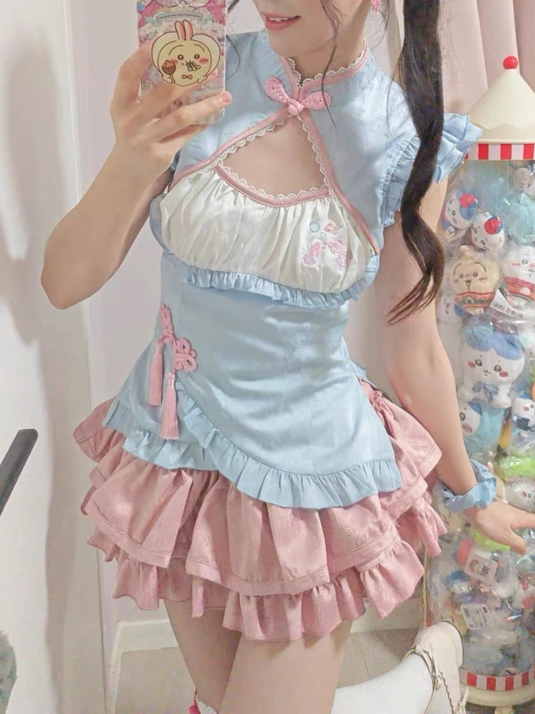 New Elegant Sweet Retro 2 Piece Set Women Sleeveless Waist Slim Top + Mini Bow Cake Skirts Harajuku Kawaii Summer Outfit 2025