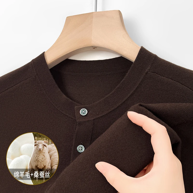 High Grade Sheep Wool Men's Knit Tees 2024 Autumn Fashion Buttons Collar Lyocell Knitwear Long Sleeve Silk Wool Slim Knit Shirts