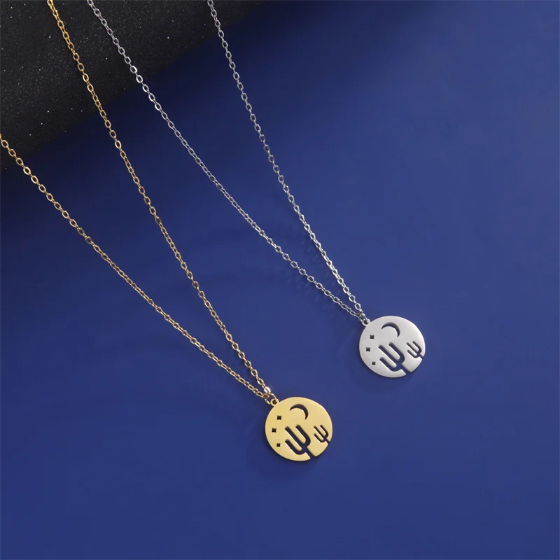 Klassische Goldfarbe Edelstahl Halskette für Frauen Kette Halsreif Mond Kaktus Anhänger Halskette Schmuck Geburtstags geschenk Großhandel – Detail 12